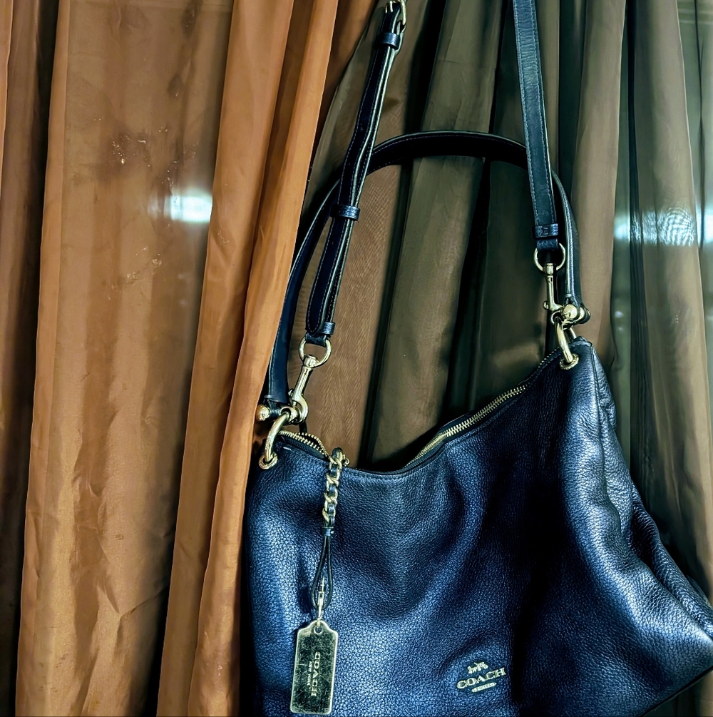Coach Mia Shoulder Bag Pebble Leather In Navy Blue Silver UPDATED